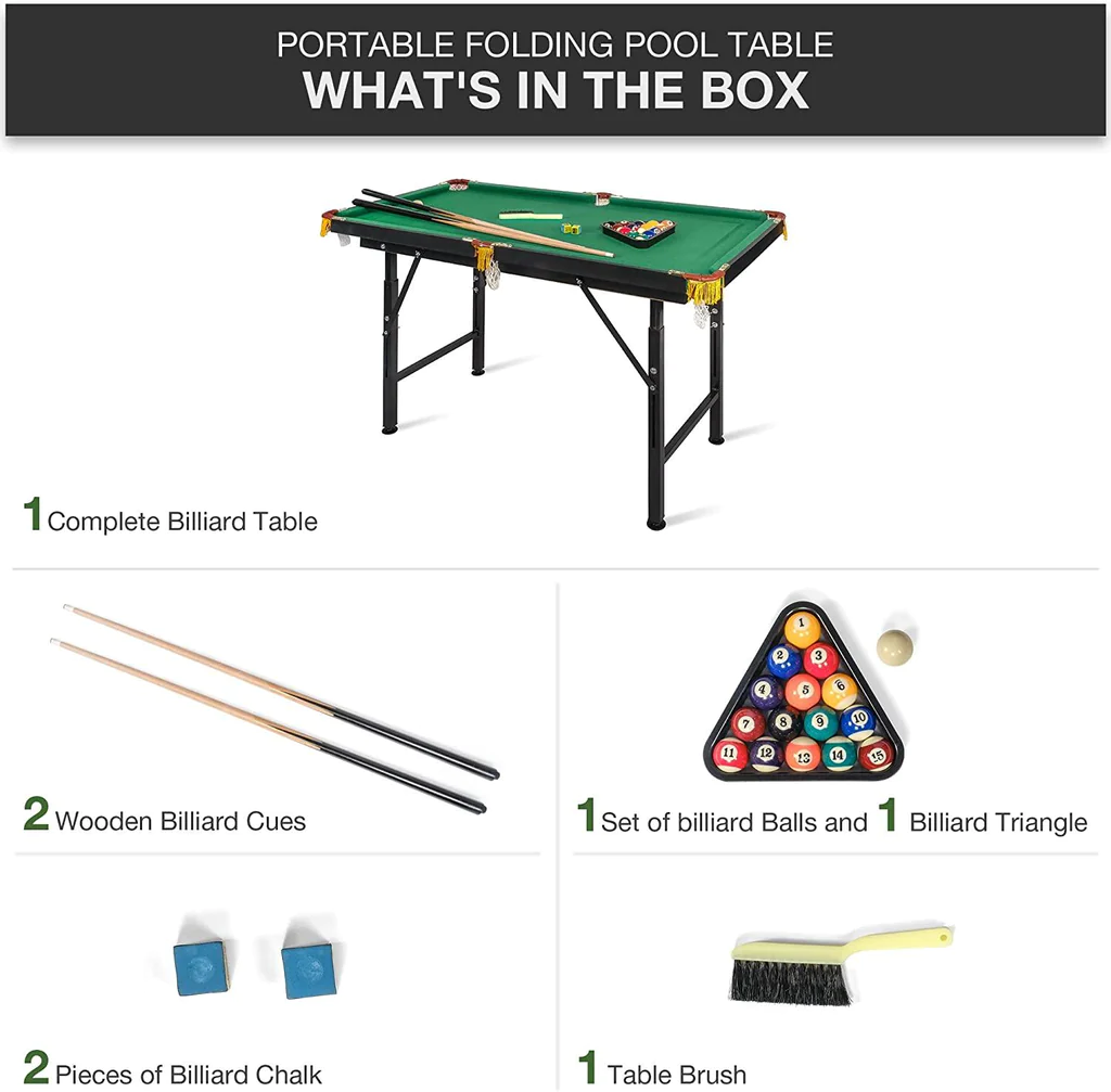55  Adjustable Height Billiard Table Folding Portable Game Pool Table
