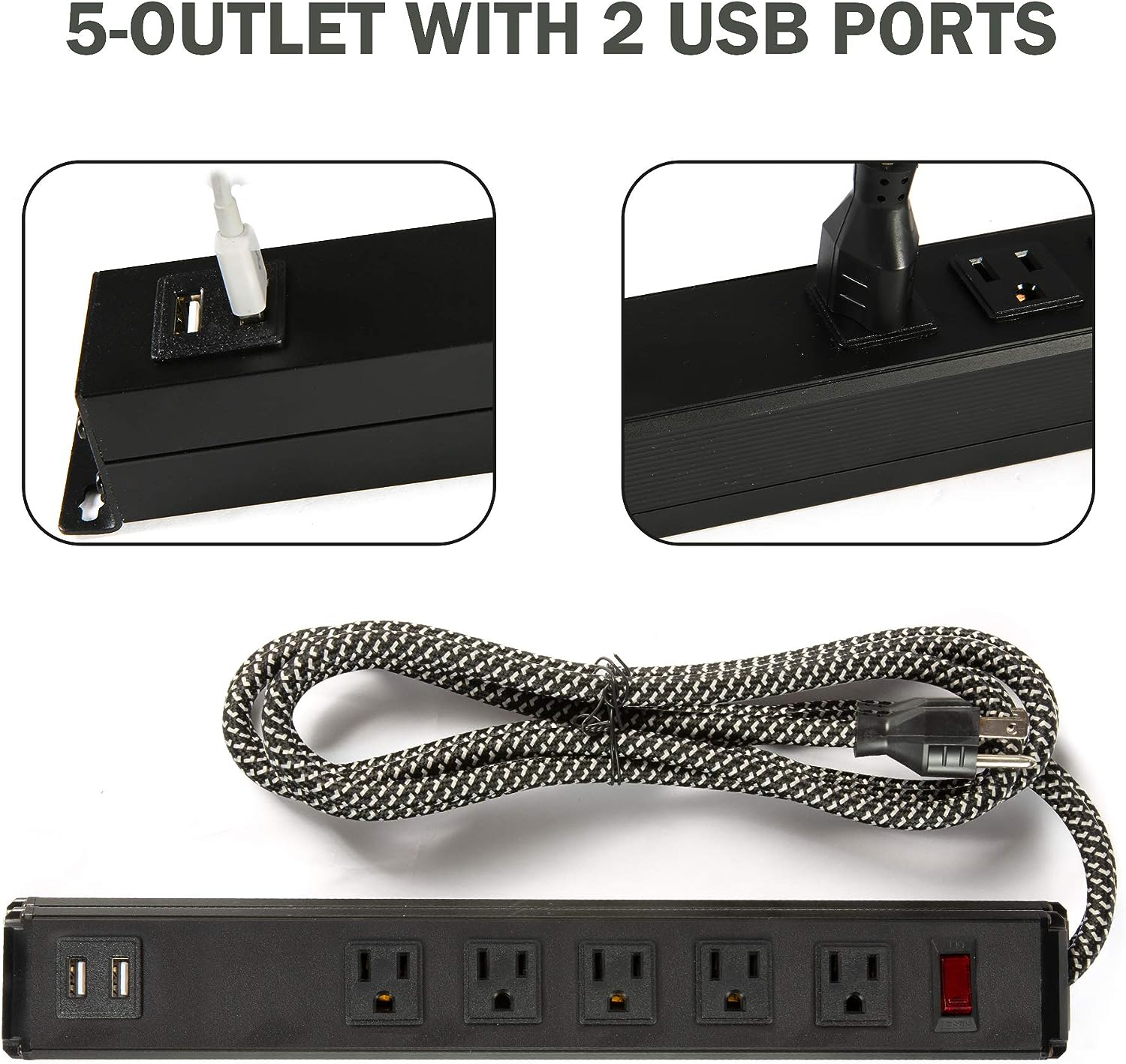 2 Pack Long Power Strip, 6 Metal Power Outlets 2 USB Ports, 6 ft Long Extension Cord with Hook & Loop, Black