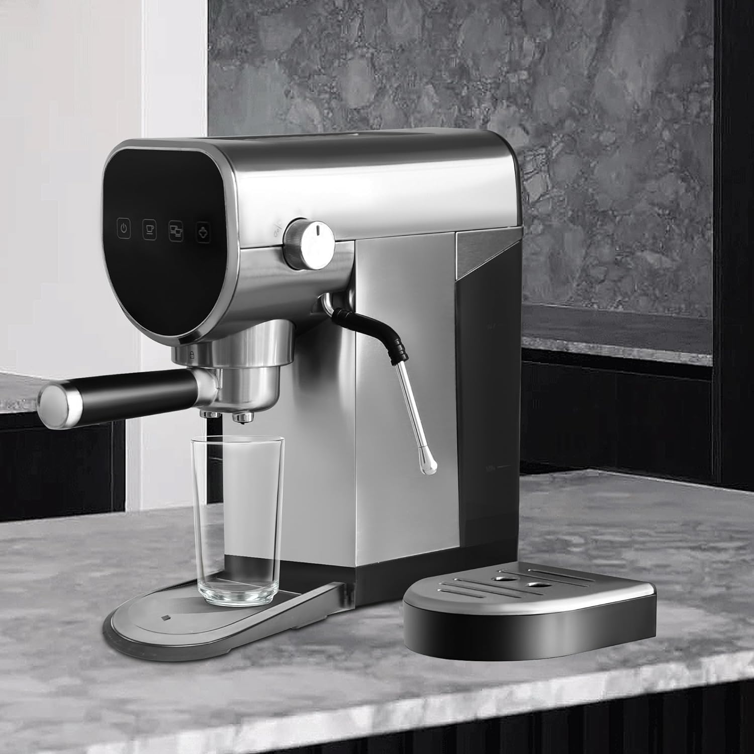 Manual Coffee Maker with Milk Frother Steam Wand, Compact Espresso Coffee Machine，Stainless Steel, 1250W