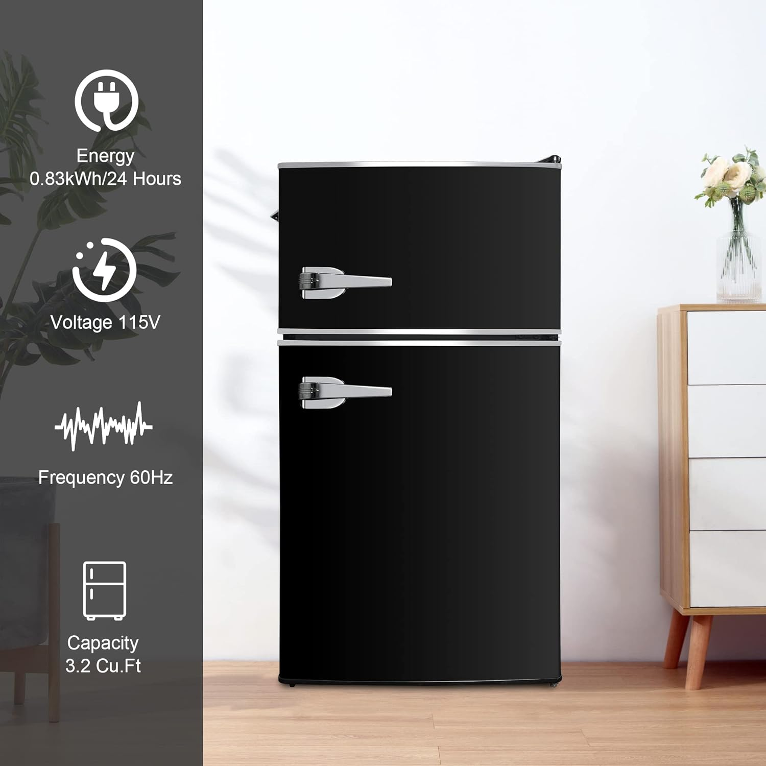 Black Double Door Refrigerator, 3.2 Cu. Ft. Small Refrigerator, Adjustable Thermostat Control